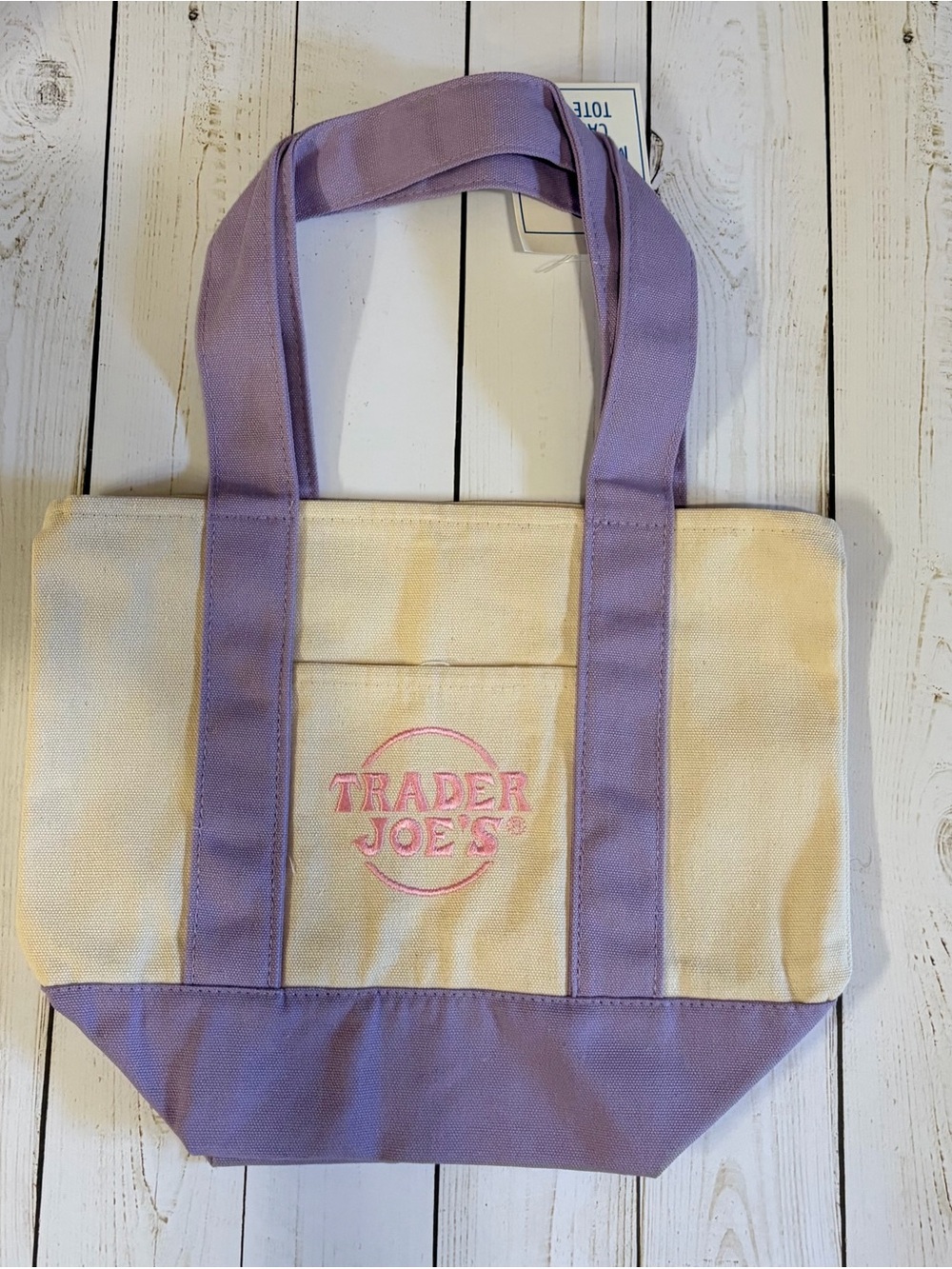 Lavender-Trim Canvas Tote with Pink Logo - Trader Joe's